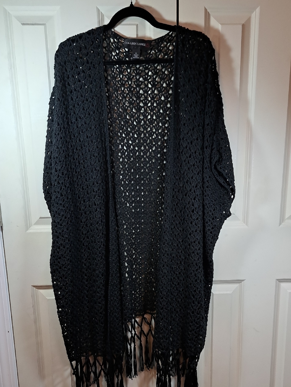 Colleen Lopez Black Open-Weave Fringe Cardigan Wrap
